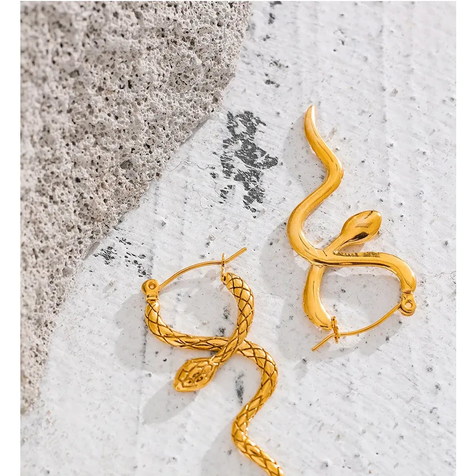 Stylish Unique Stainless Steel Snake Hoop Earrings - 18K PVD Gold Waterproof Jewelry