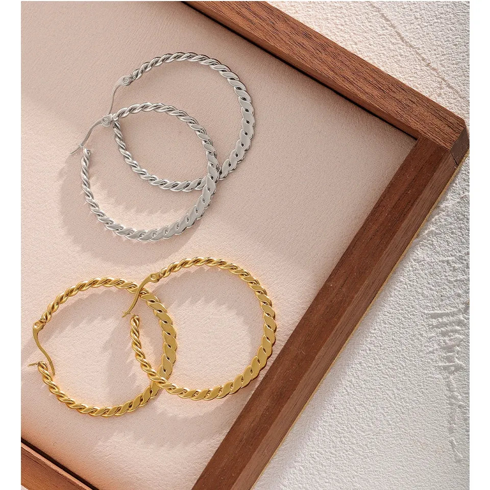 Stainless Steel Twist Golden Big Hoop Earrings Waterproof Metal Unique Trendy Jewelry