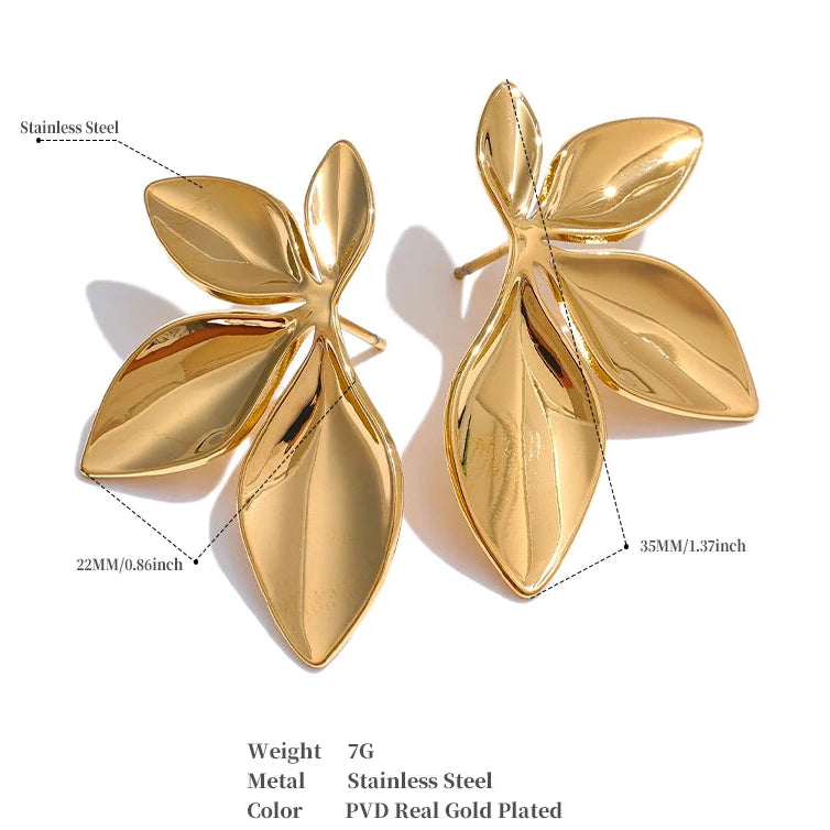 Stainless Steel Flower Leaves Stud Earrings - Hypoallergenic Waterproof Charm Texture High Quality Jewelry