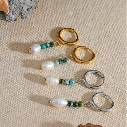 Freshwater Pearl & Stone Drop Hoop Earrings – Gold Plated