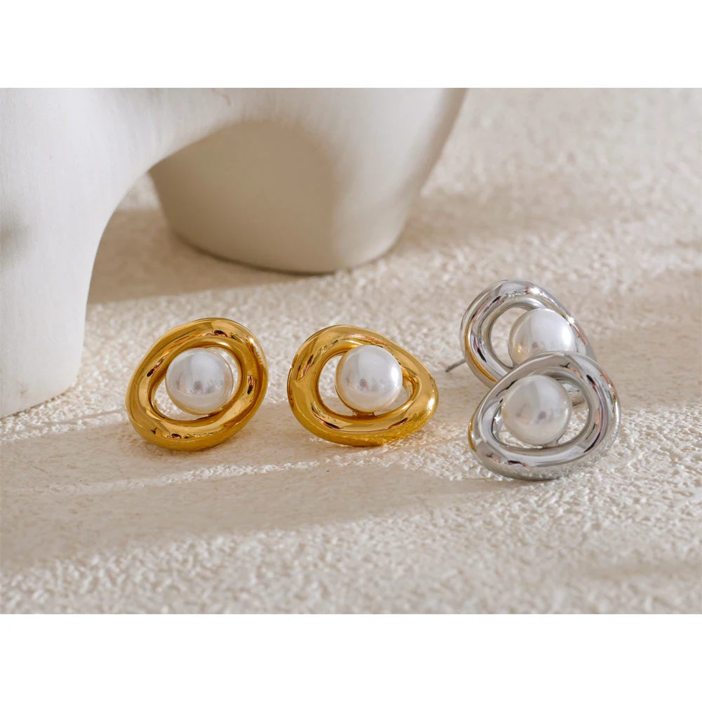 Gold Plated Tarnish-Free Hollow Oval Pearl Stud Earrings – Elegant Jewelry