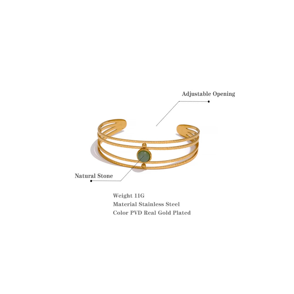 Boho Green Stone Open Bangle – Gold Plated Stainless Steel & Waterproof