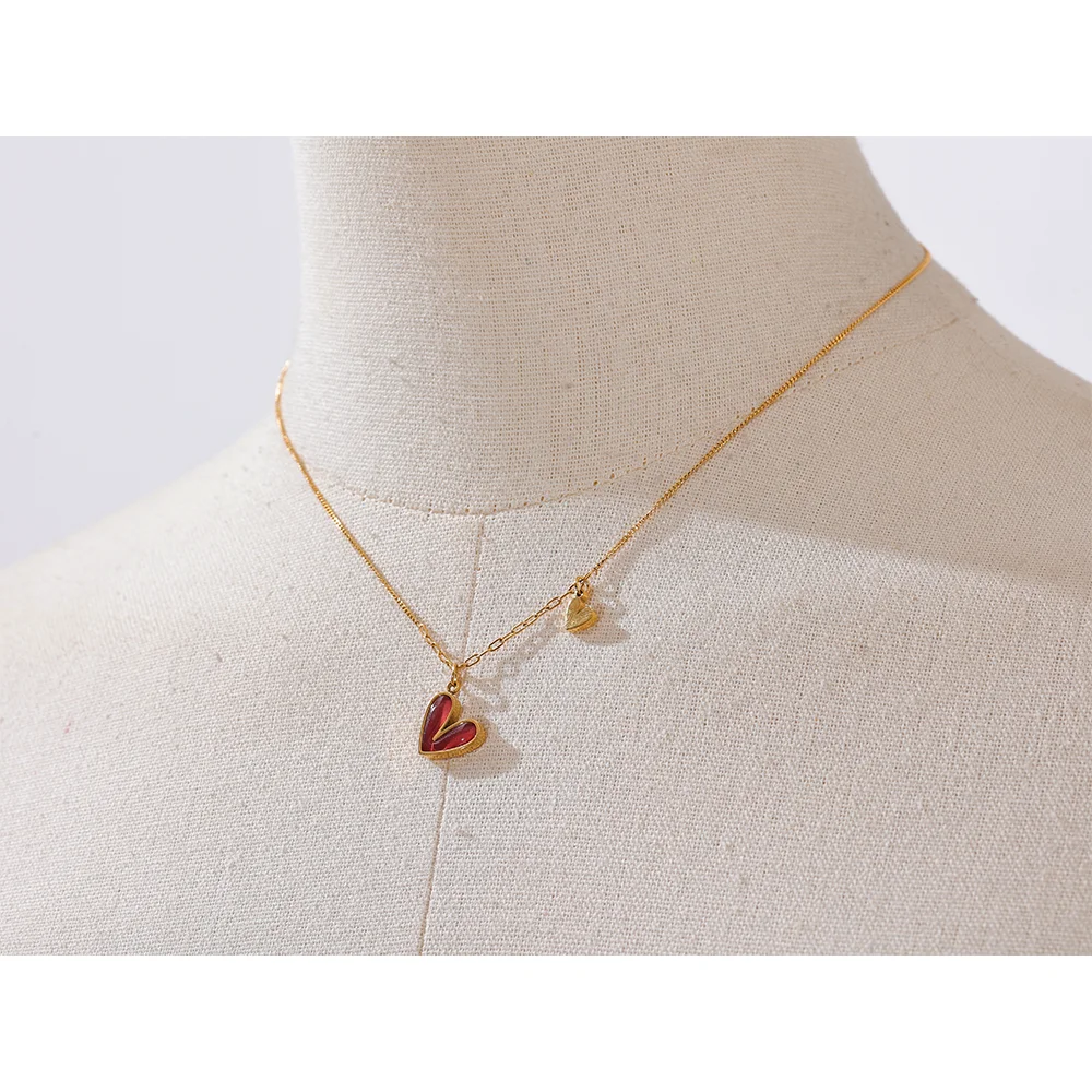 Red Enamel Heart Shell Pendant – Gold Stainless Steel Necklace