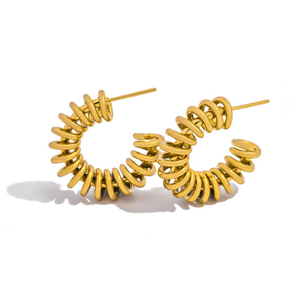 Creative Golden Color Metal Spring Chunky Hoop Earrings for Women - 18K Gold Plated Stainless Steel Jewelry