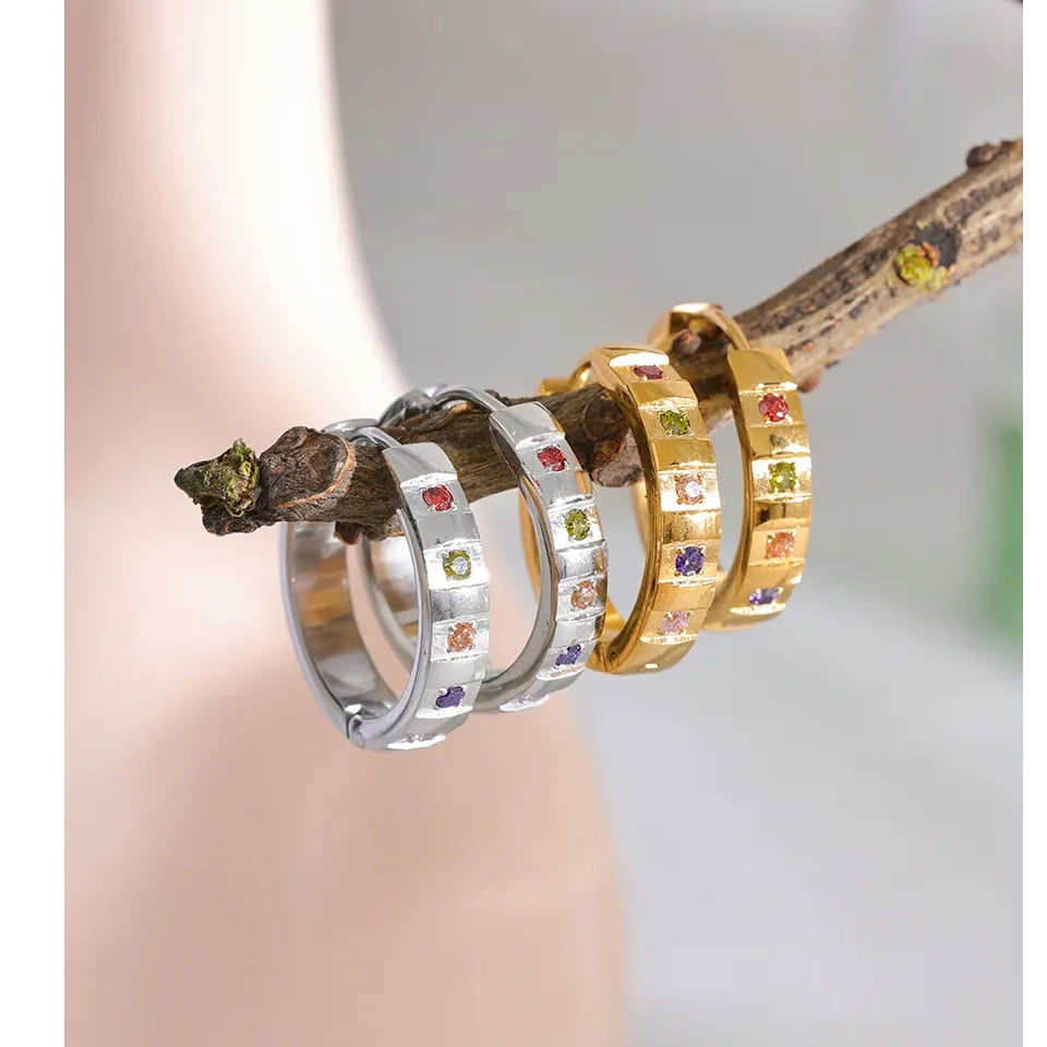 20mm Exquisite Colorful Cubic Zirconia Stainless Steel Round Hoop Earrings  Waterproof Classic Jewelry