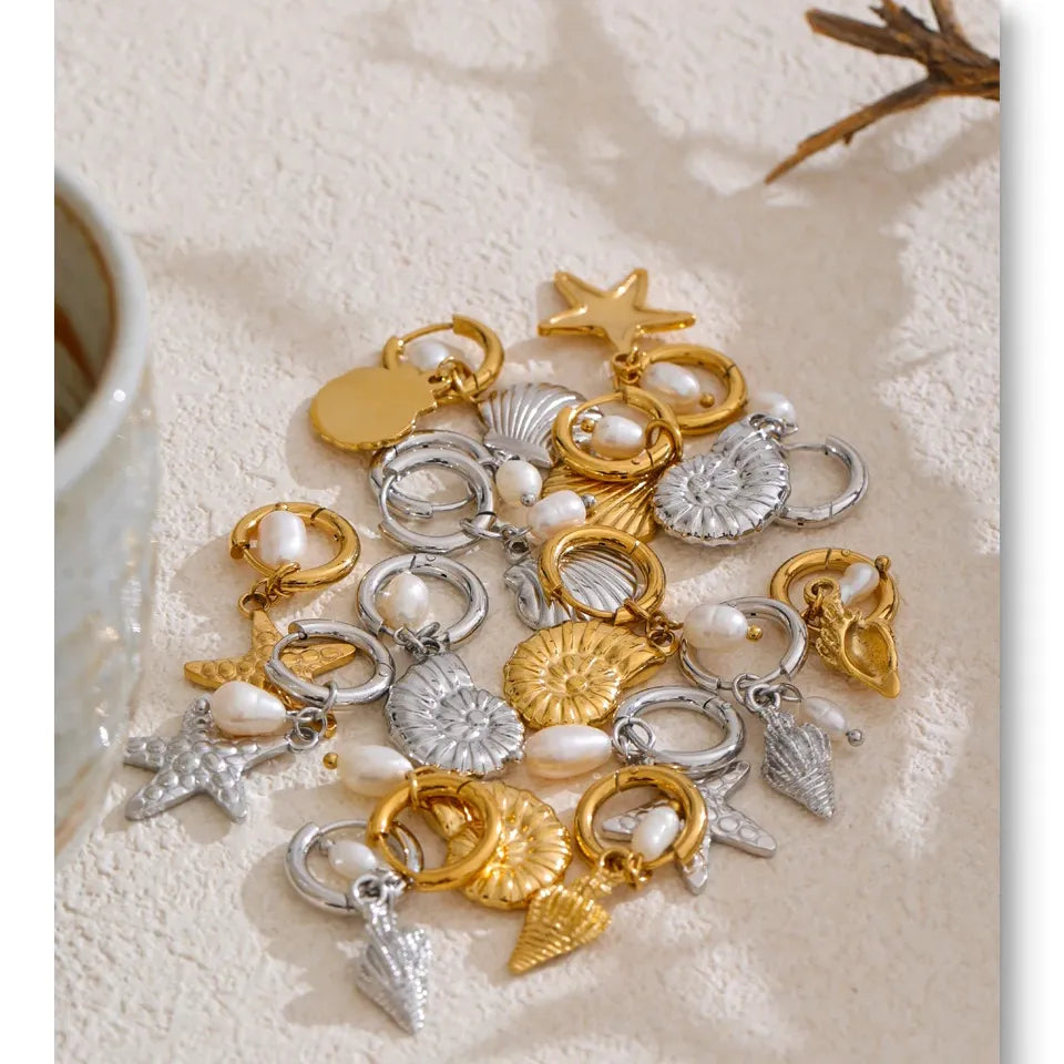 Ocean Theme Natural Pearl Conch Shell Starfish Drop Summer Hoop Earrings for Women Stainless Steel Holiday Daily Jewelry