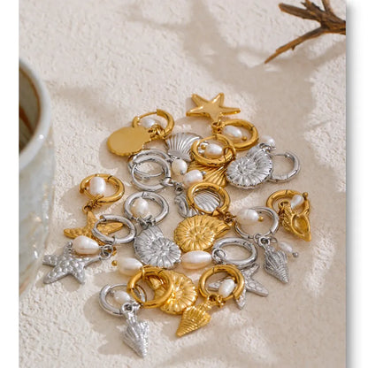 Ocean Theme Natural Pearl Conch Shell Starfish Drop Summer Hoop Earrings for Women Stainless Steel Holiday Daily Jewelry