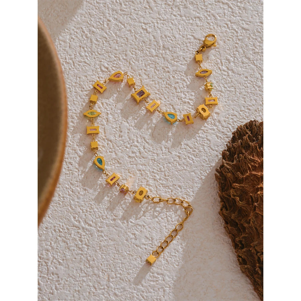 Colorful Zirconia Charm Bracelet – Gold Plated Stainless Steel, Waterproof
