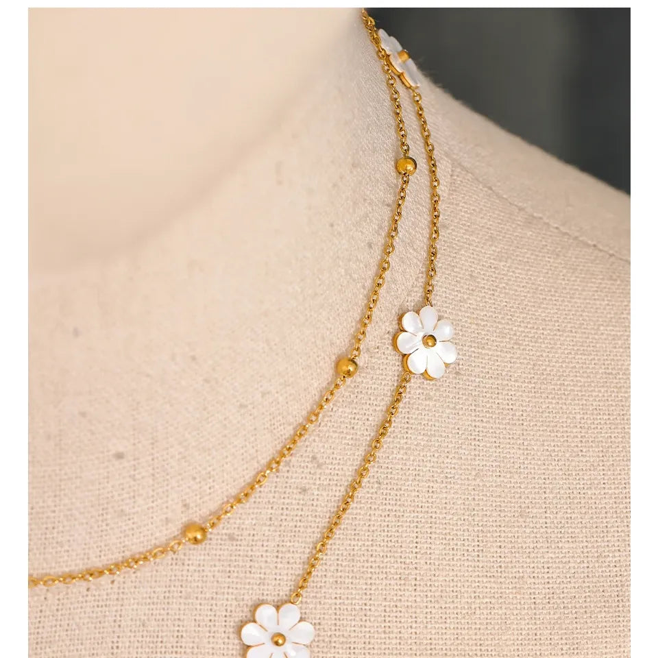 Double Layer Shell Flower Necklace & Anklet – Gold-Plated Plant Charm Jewelry