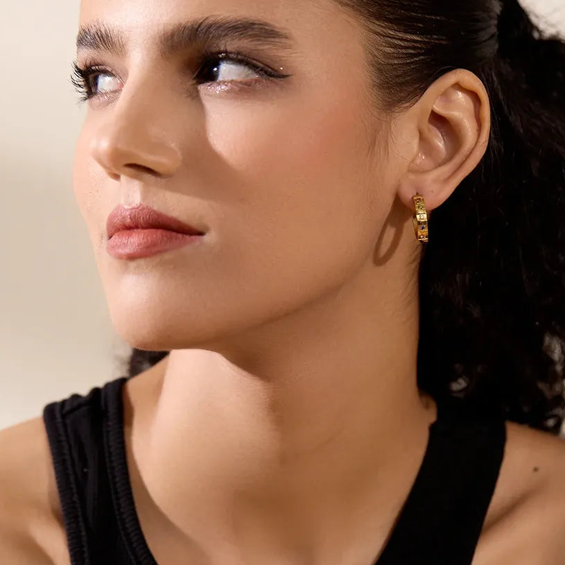 20mm Exquisite Colorful Cubic Zirconia Stainless Steel Round Hoop Earrings  Waterproof Classic Jewelry