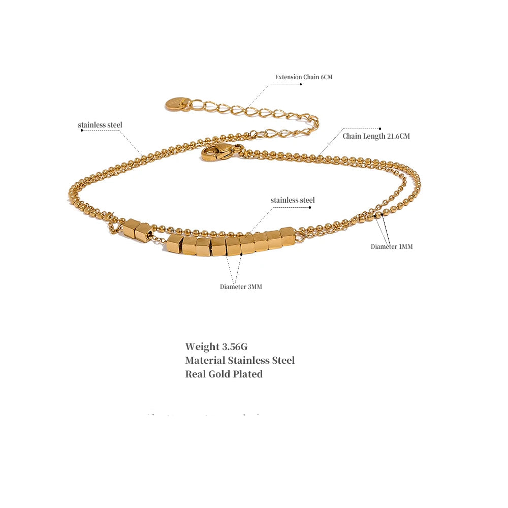 Layered Square Bead Anklet – Gold Plated Stainless Steel, Waterproof