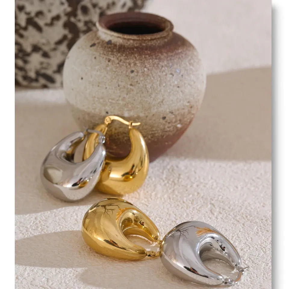 High Quality Stainless Steel Glossy Smooth Metal Chunky Hollow Hoop Earrings 18K Real Gold PVD Plated Jewelry