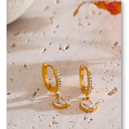 Waterproof Cubic Zirconia Flower Drop Hoop Earrings Hypoallergenic Stainless Steel Gold Color Daily Wear Fashion Jewelry