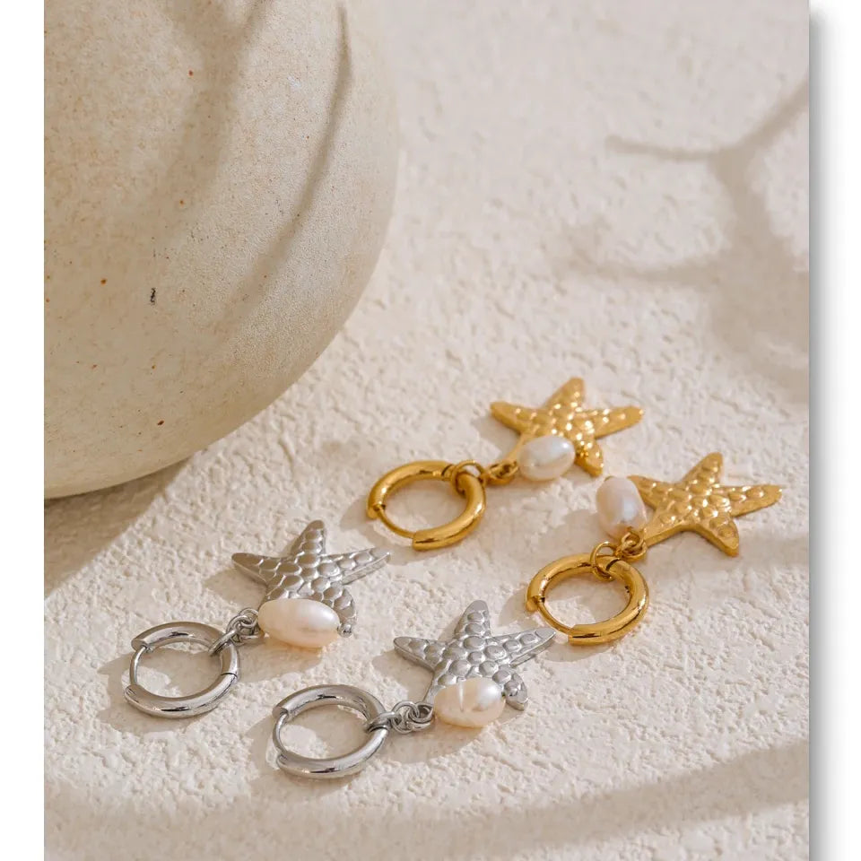 Ocean Theme Natural Pearl Conch Shell Starfish Drop Summer Hoop Earrings for Women Stainless Steel Holiday Daily Jewelry