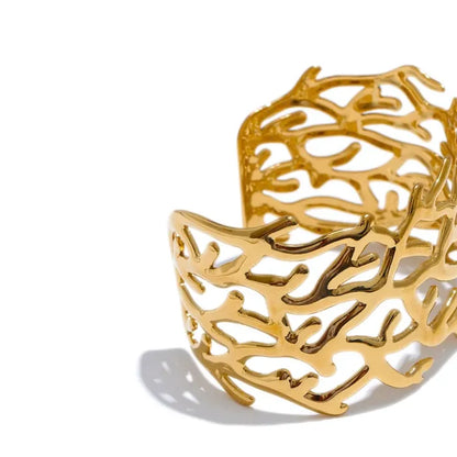 Twig Hollow Wide Cuff – Gold Plated Stainless Steel Statement Bracelet