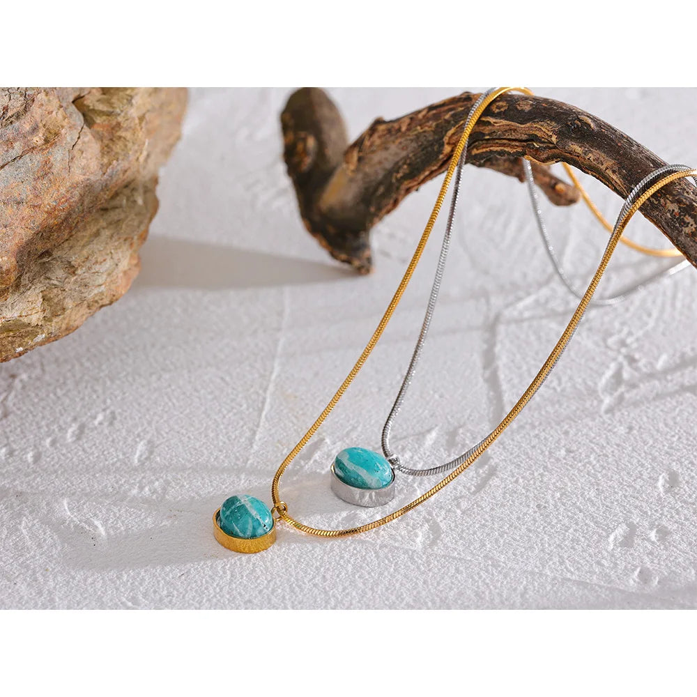 Amazonite Natural Stone Pendant Necklace – Gold and Silver Plated Chain
