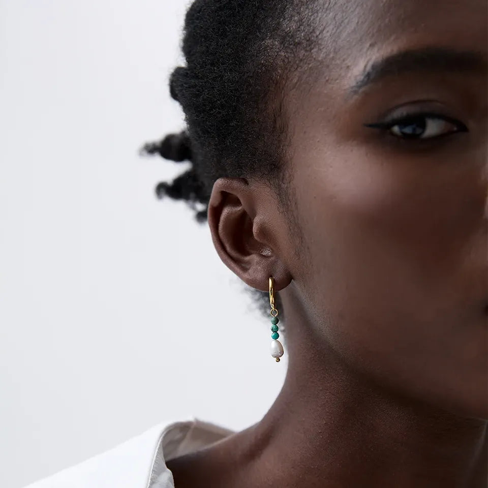 Freshwater Pearl & Stone Drop Hoop Earrings – Gold Plated