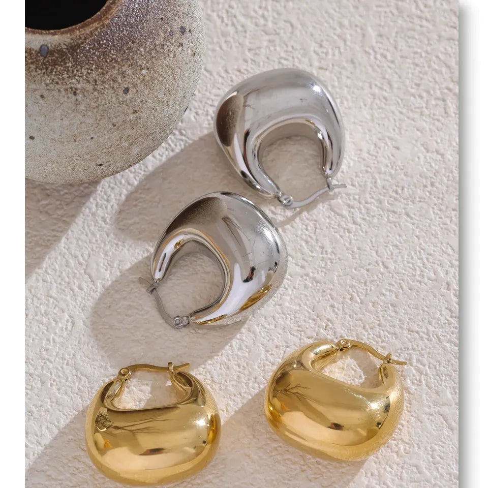 High Quality Stainless Steel Glossy Smooth Metal Chunky Hollow Hoop Earrings 18K Real Gold PVD Plated Jewelry