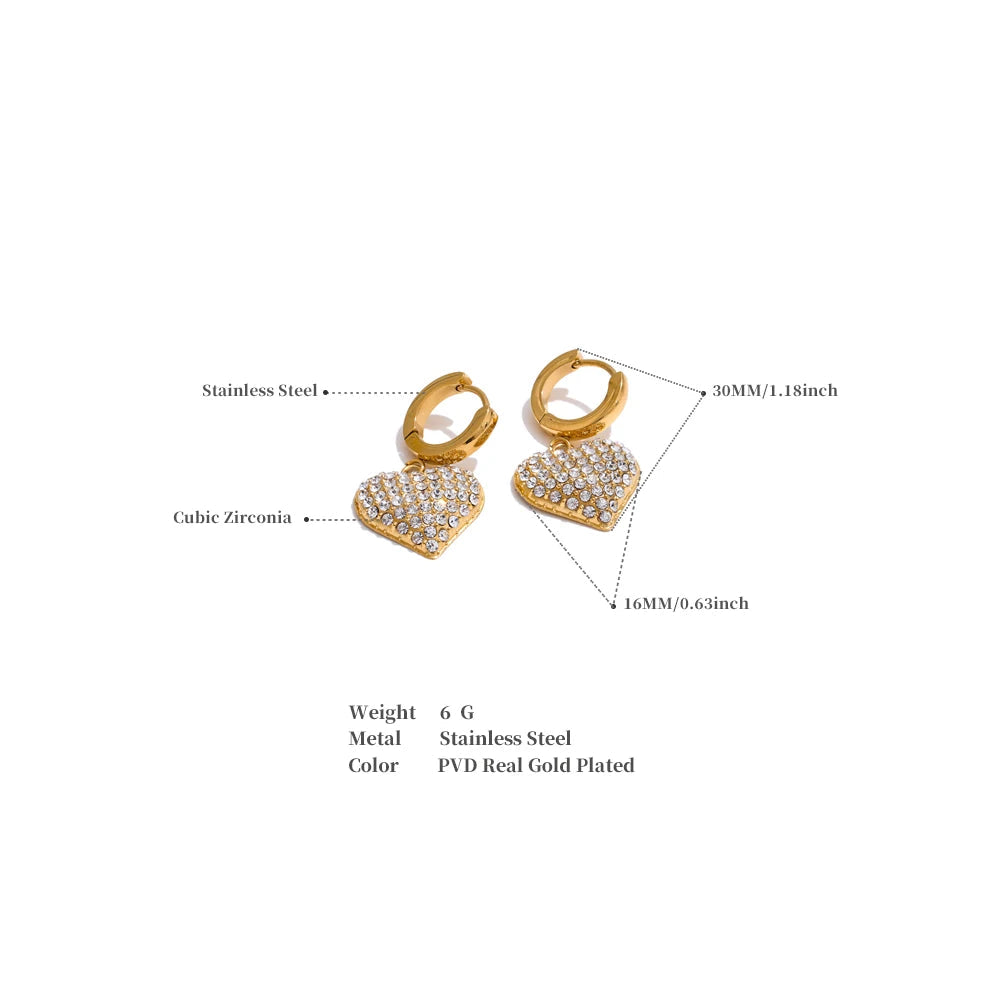 Cubic Zirconia Heart Drop Earrings - 18K Gold Plated Stainless Steel Classic Romantic Daily Wear Jewelry Waterproof