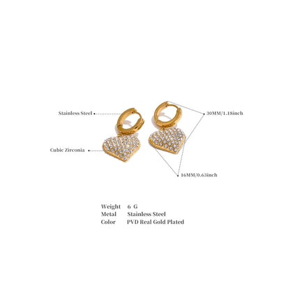 Cubic Zirconia Heart Drop Earrings - 18K Gold Plated Stainless Steel Classic Romantic Daily Wear Jewelry Waterproof
