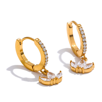 Waterproof Cubic Zirconia Flower Drop Hoop Earrings Hypoallergenic Stainless Steel Gold Color Daily Wear Fashion Jewelry