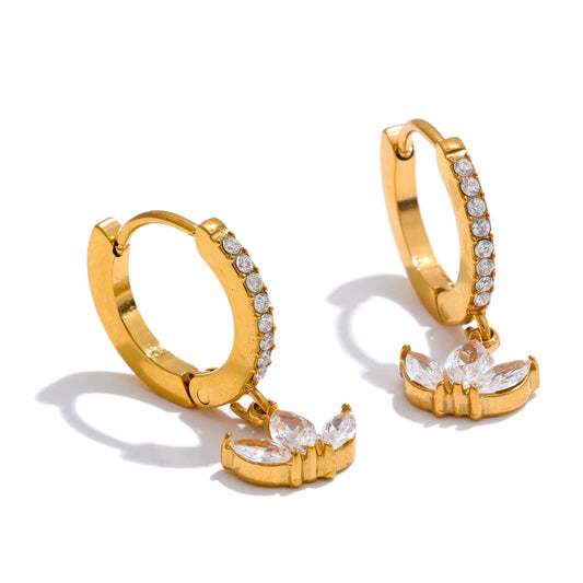 Waterproof Cubic Zirconia Flower Drop Hoop Earrings Hypoallergenic Stainless Steel Gold Color Daily Wear Fashion Jewelry