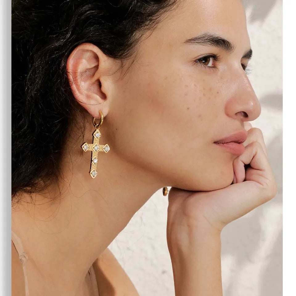 Bling Cubic Zirconia Classic Cross Drop Hoop Earrings 18K Gold Color PVD Plated Stainless Steel Exquisite Jewelry