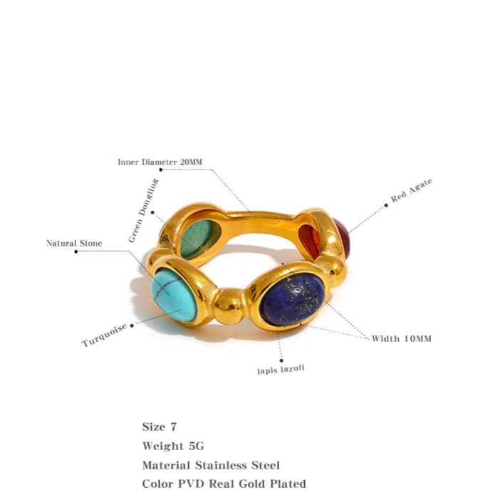 Luxe Jewels Natural Stone Vintage Charm Ring – 18K Gold Plated Stainless Steel Fashion Jewelry for Women