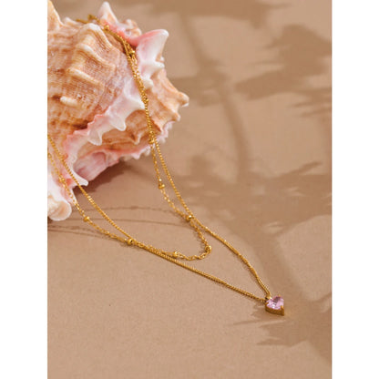 Elegant Pink Zircon Heart Double-Layer Necklace – Gold Plated