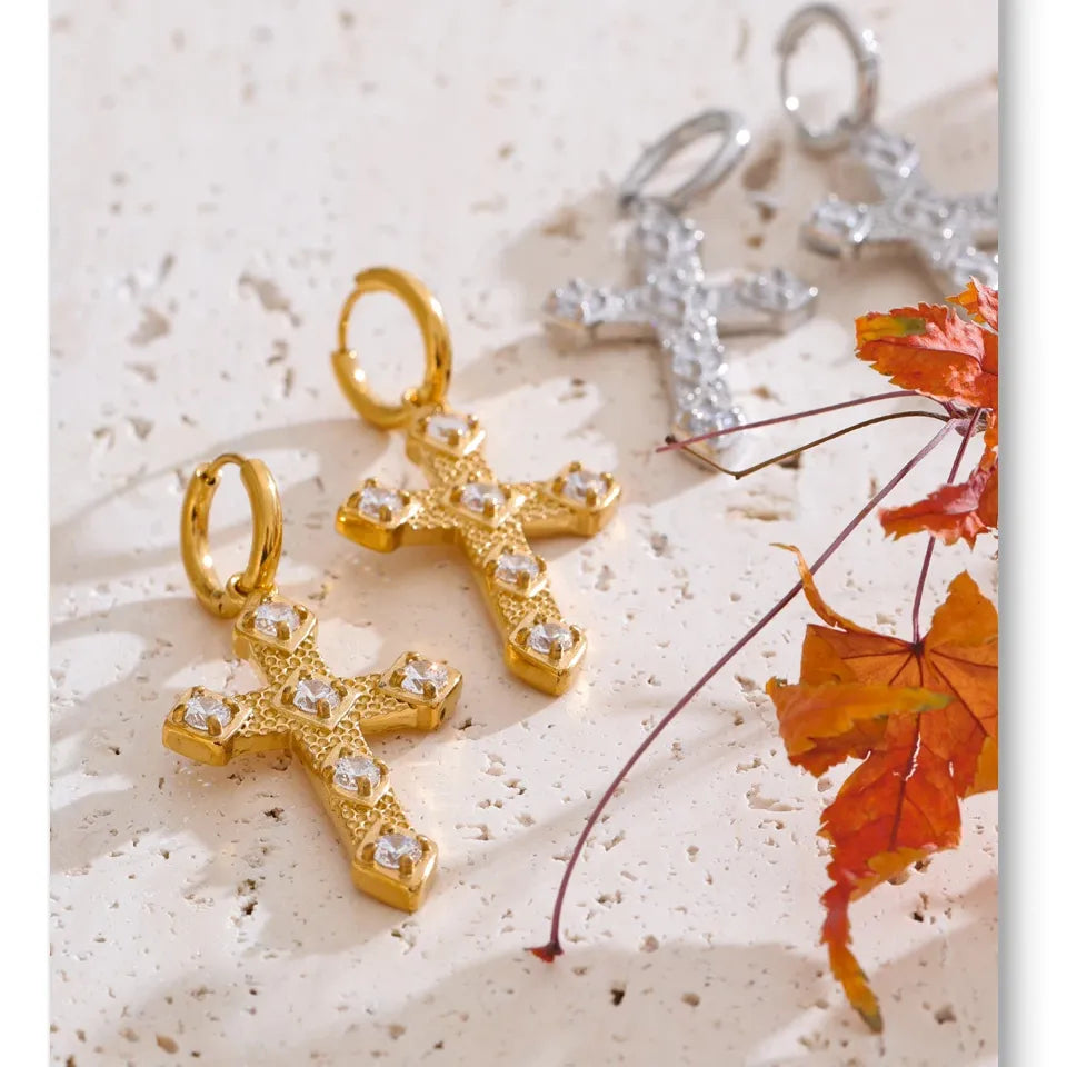 Bling Cubic Zirconia Classic Cross Drop Hoop Earrings 18K Gold Color PVD Plated Stainless Steel Exquisite Jewelry