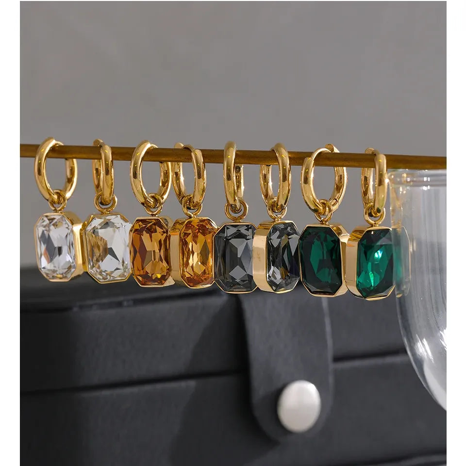 Stainless Steel Cubic Zirconia Drop Dangle Charms Trendy Earrings 18k-gold-plated Green Square Earring Jewelry