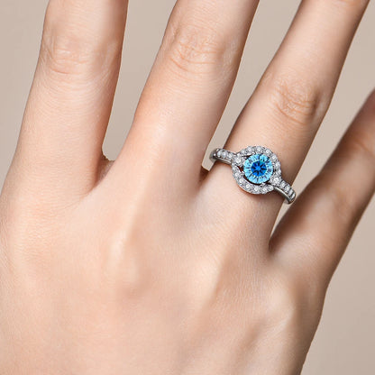 Luxe Jewels 1.0CT Round Cut Blue Moissanite Rings for Women Angel Eye S925 Silver