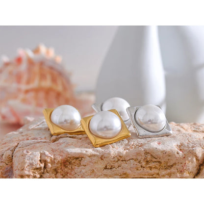 Elegant Square Pearl Stud Earrings – 316L Gold Plated