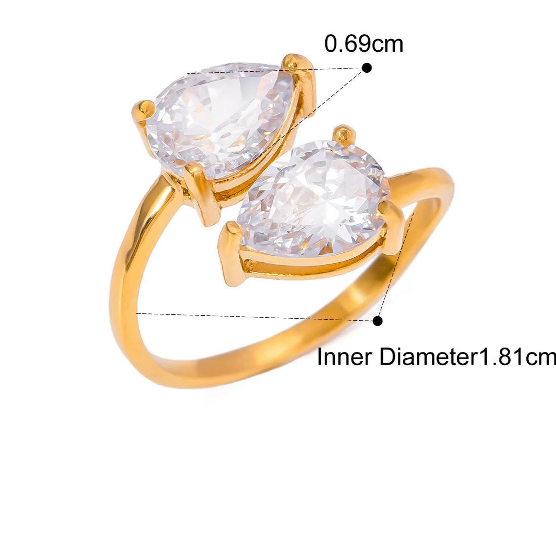 Luxe Jewels Elegant Green Double Teardrop Zirconia Ring – 18K Gold Plated Stainless Steel