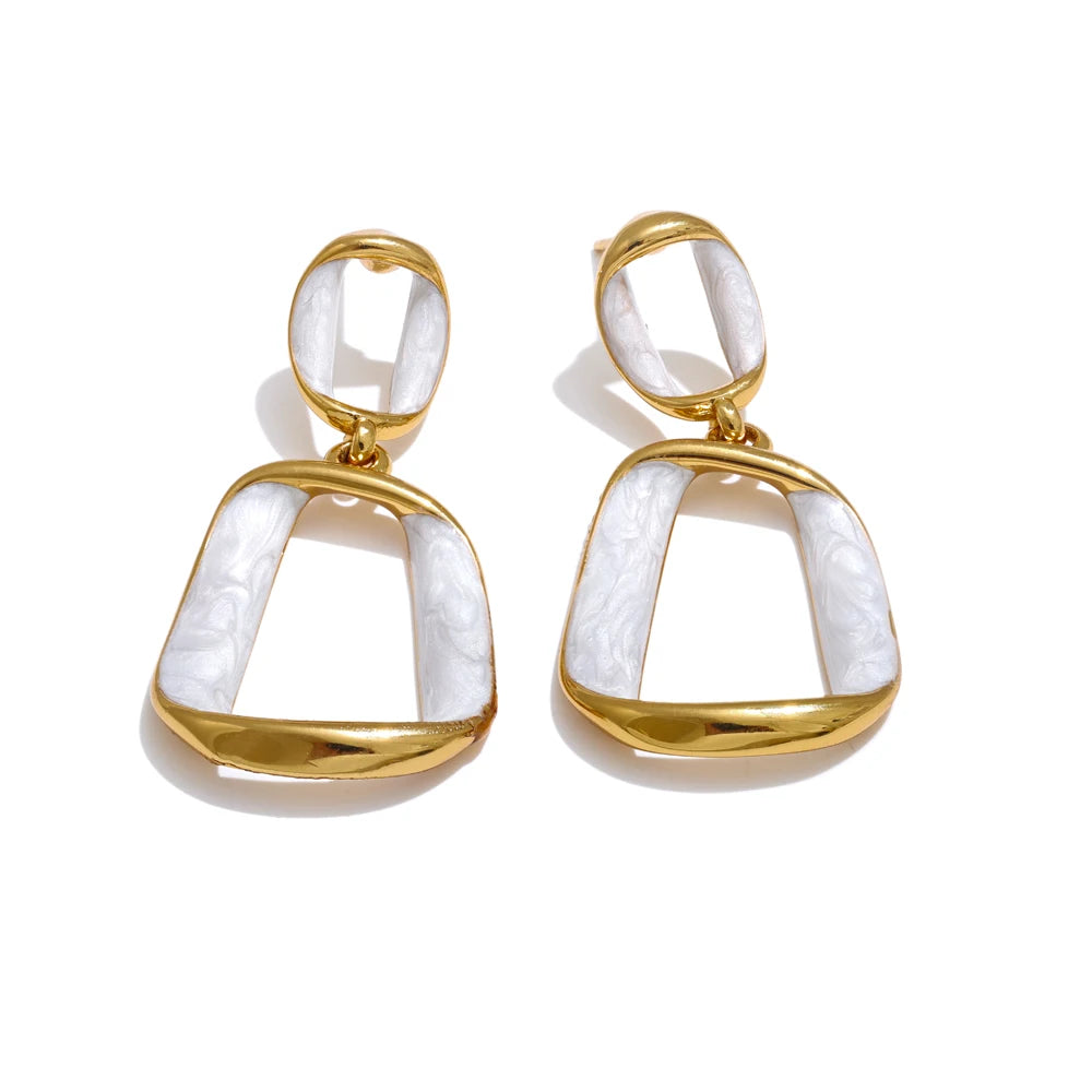 Trendy Stainless Steel White Enamel Rectangular Hollow Drop Earrings 18K Gold Color Plated Jewelry