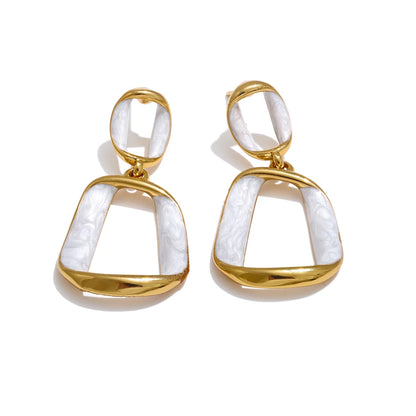 Trendy Stainless Steel White Enamel Rectangular Hollow Drop Earrings 18K Gold Color Plated Jewelry