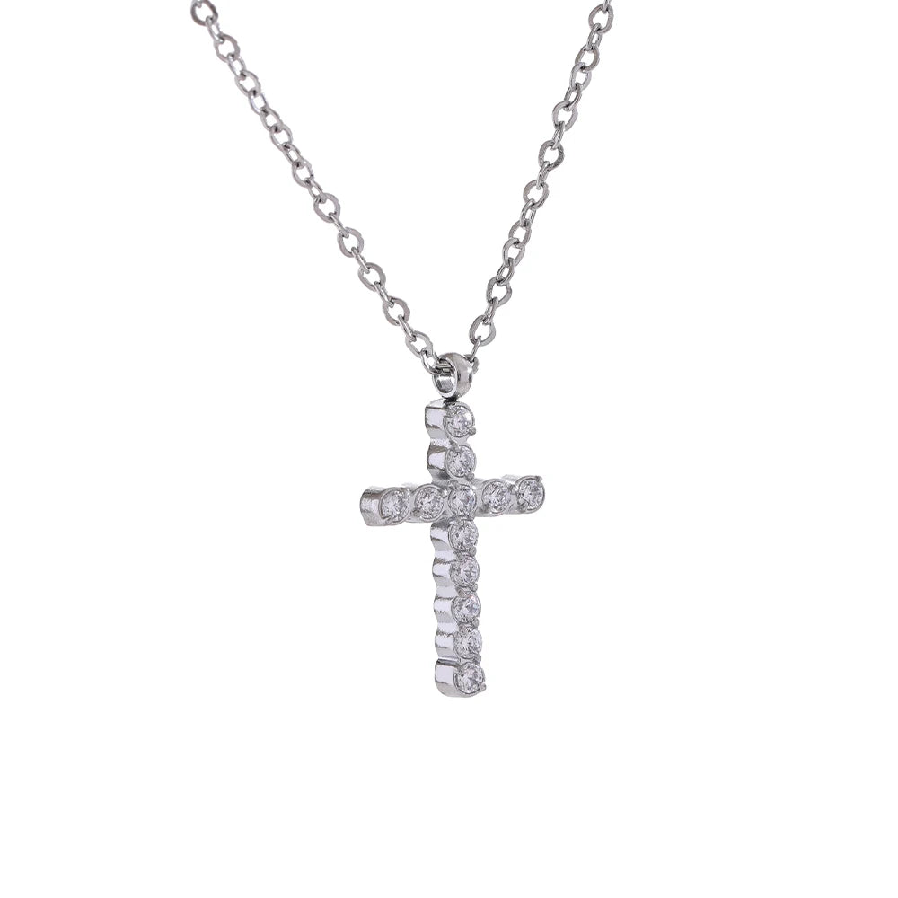 Cubic Zirconia Cross Pendant – 316L Gold Stainless Steel Necklace