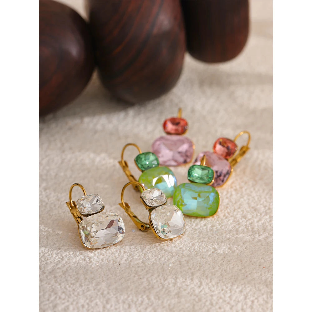 Crystal Stud Earrings French Hoops Trendy White Green Pink Jewelry for Women 18k PVD Plated