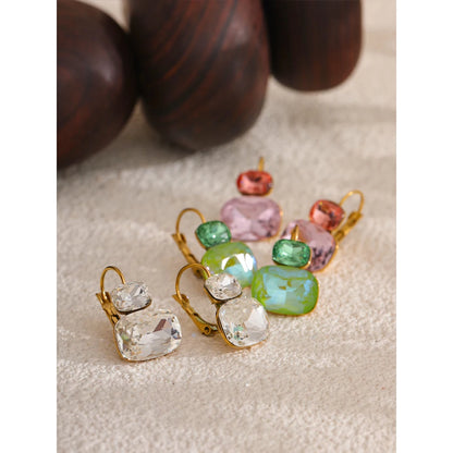 Crystal Stud Earrings French Hoops Trendy White Green Pink Jewelry for Women 18k PVD Plated