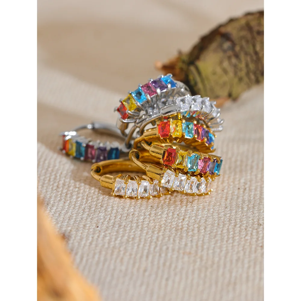 Colorful White Cubic Zirconia Stainless Steel Round Rainbow Bling Hoop Earrings for Women High Quality Jewelry