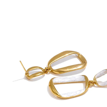 Trendy Stainless Steel White Enamel Rectangular Hollow Drop Earrings 18K Gold Color Plated Jewelry