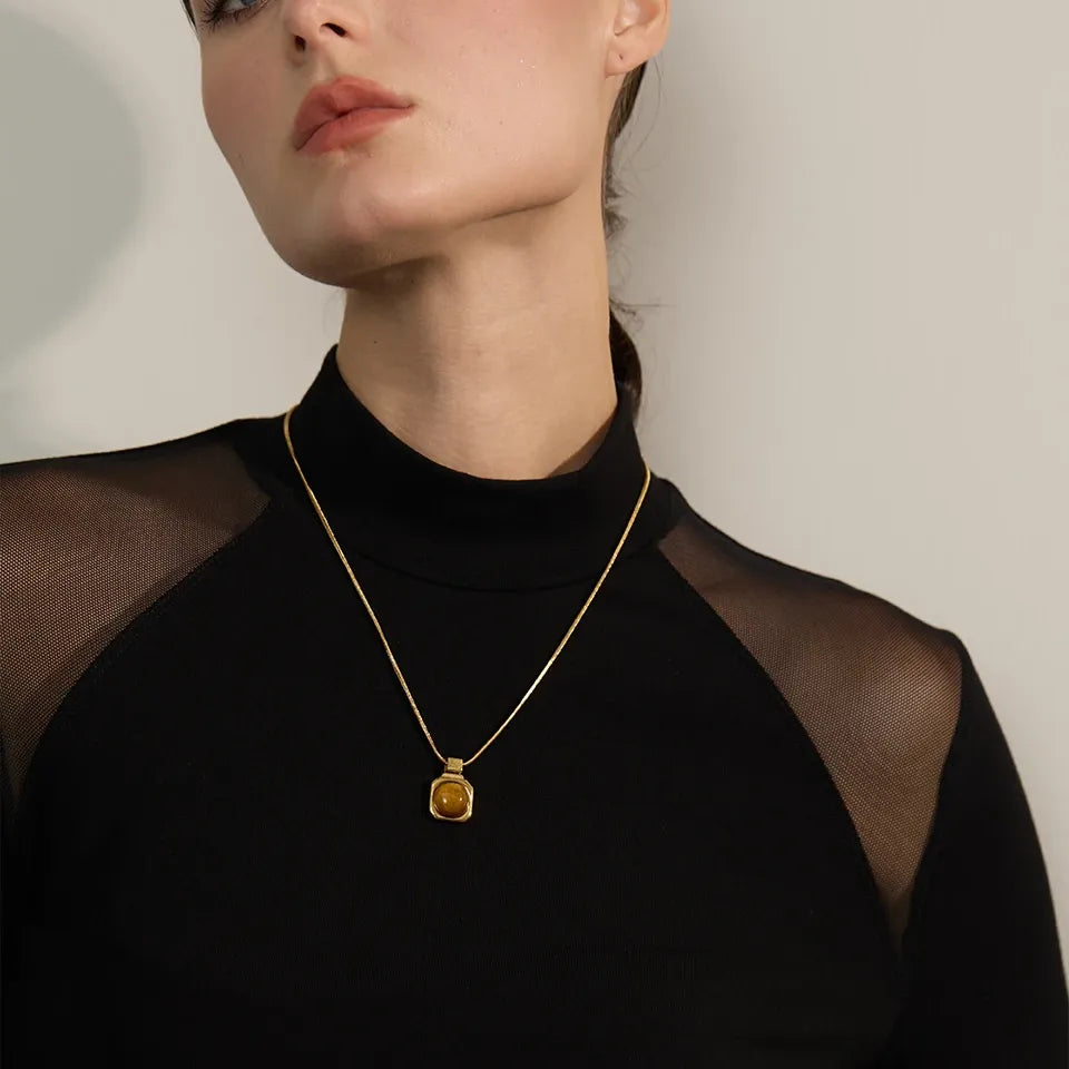 Natural Tiger Eye Gemstone Necklace – Square Pendant in Gold