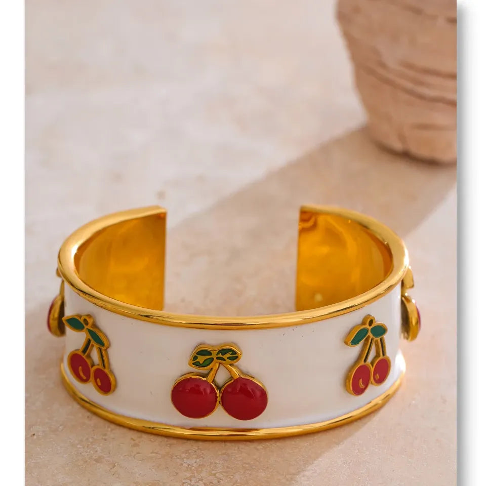 18K Gold Plated 64mm Stainless Steel White Enamel Cherry Cuff Bracelet - Jewelry Gift Ideas