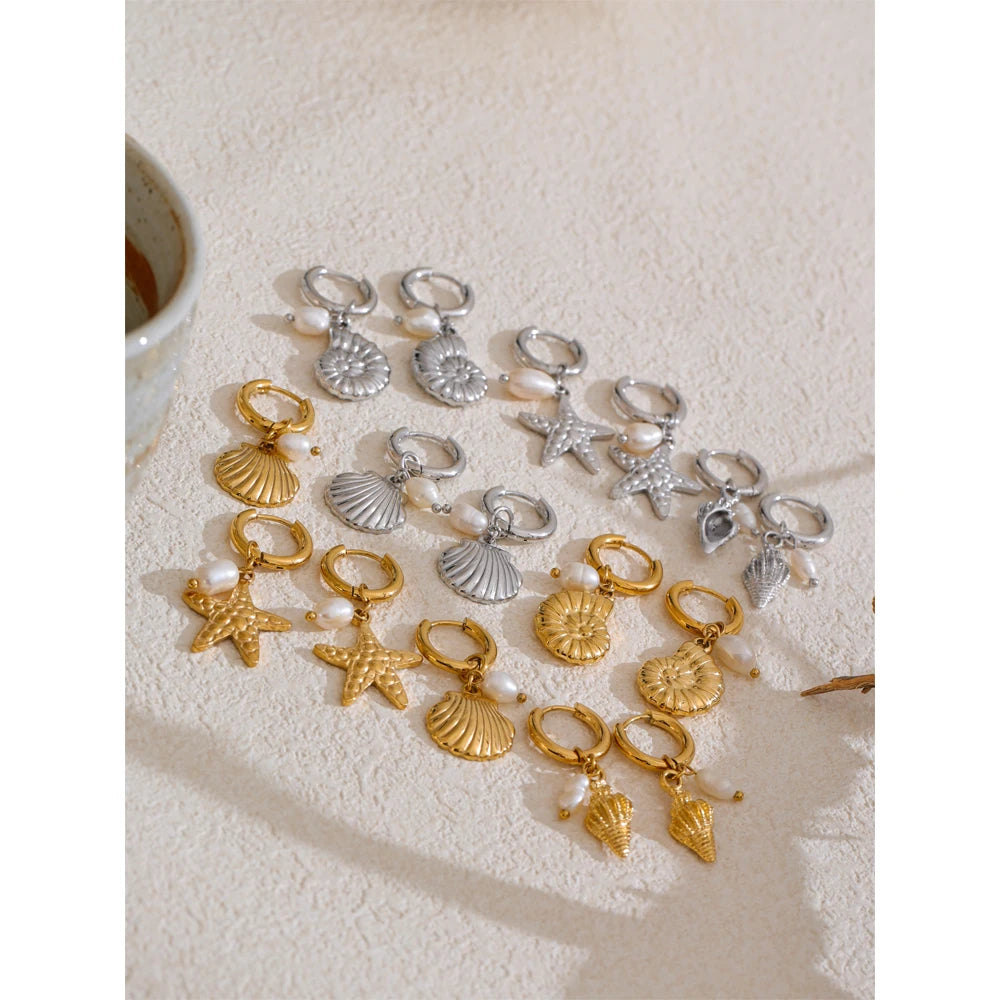 Ocean Theme Natural Pearl Conch Shell Starfish Drop Summer Hoop Earrings for Women Stainless Steel Holiday Daily Jewelry