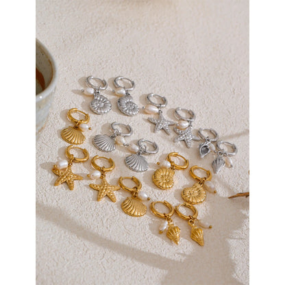 Ocean Theme Natural Pearl Conch Shell Starfish Drop Summer Hoop Earrings for Women Stainless Steel Holiday Daily Jewelry