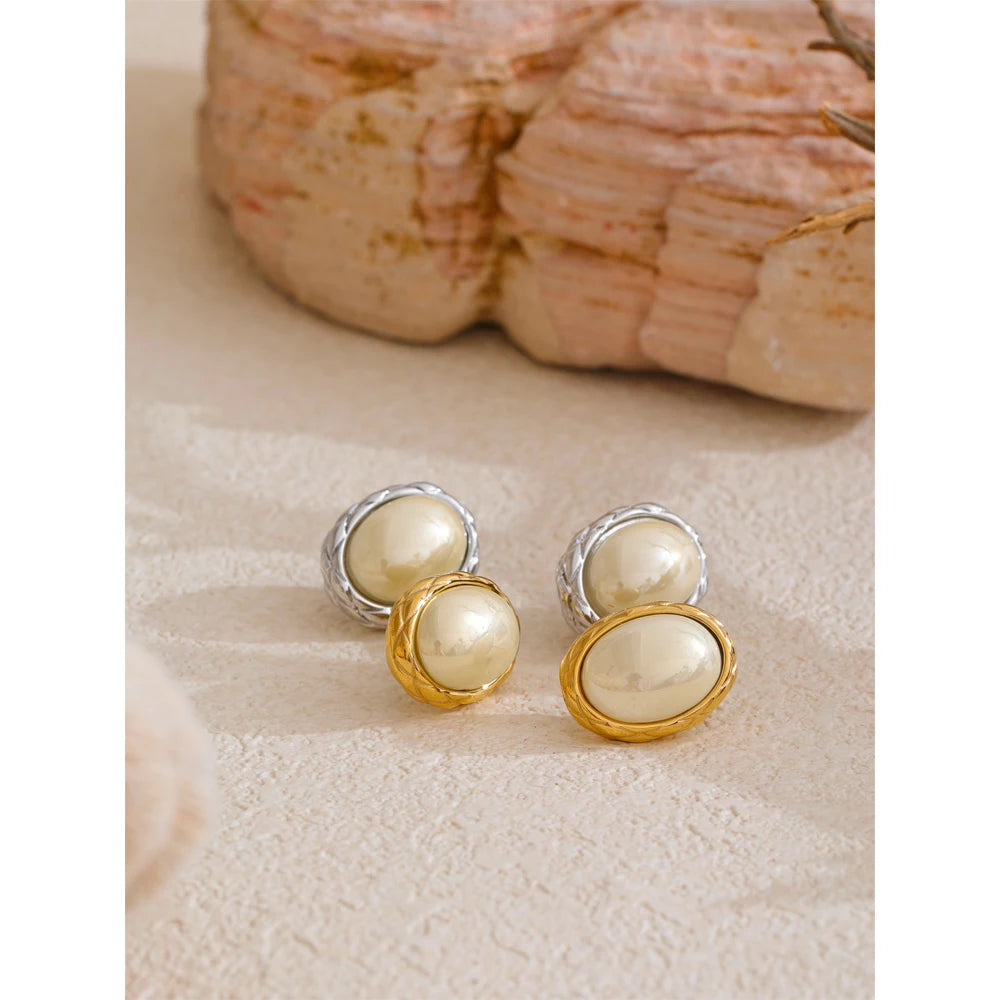 Korean Style Off White Gold - Oval Stud Earrings for Women Pearl Stainless Steel 18K PVD Plated Fashion Jewelry