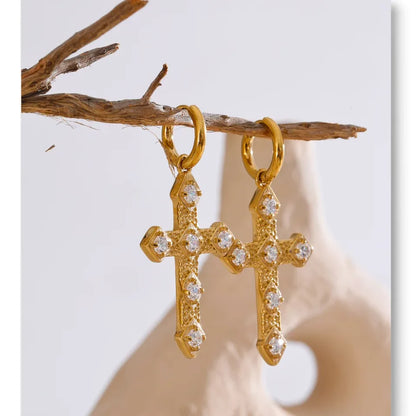 Bling Cubic Zirconia Classic Cross Drop Hoop Earrings 18K Gold Color PVD Plated Stainless Steel Exquisite Jewelry