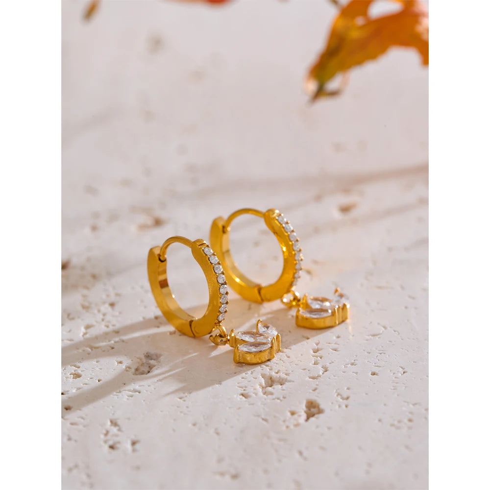 Waterproof Cubic Zirconia Flower Drop Hoop Earrings Hypoallergenic Stainless Steel Gold Color Daily Wear Fashion Jewelry