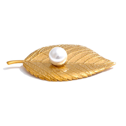 Leaf Pearl Brooch – Minimalist Gold-Plated Stainless Steel Pin
