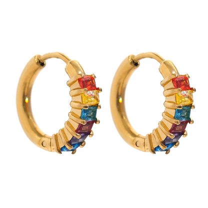 Colorful White Cubic Zirconia Stainless Steel Round Rainbow Bling Hoop Earrings for Women High Quality Jewelry